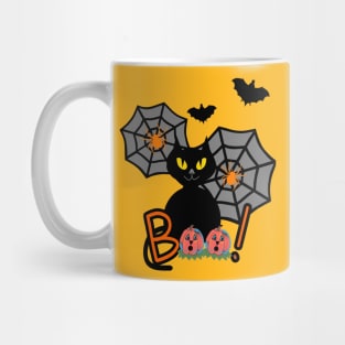 BLACK Cat Happy Halloween With Bats And Pumpkins Mug